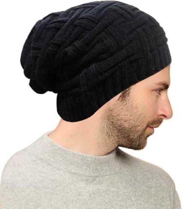 Men's Winter Beanie Cap with Fur Inside Slouchy Black - Image 3