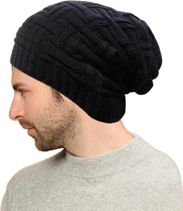 Men's Winter Beanie Cap with Fur Inside Slouchy Black