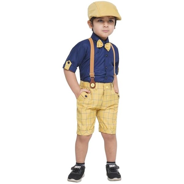 AJ DEZINES Kids Clothing Cotton Pink Printed Shirt Shorts With Cap and Suspender Set For Boys